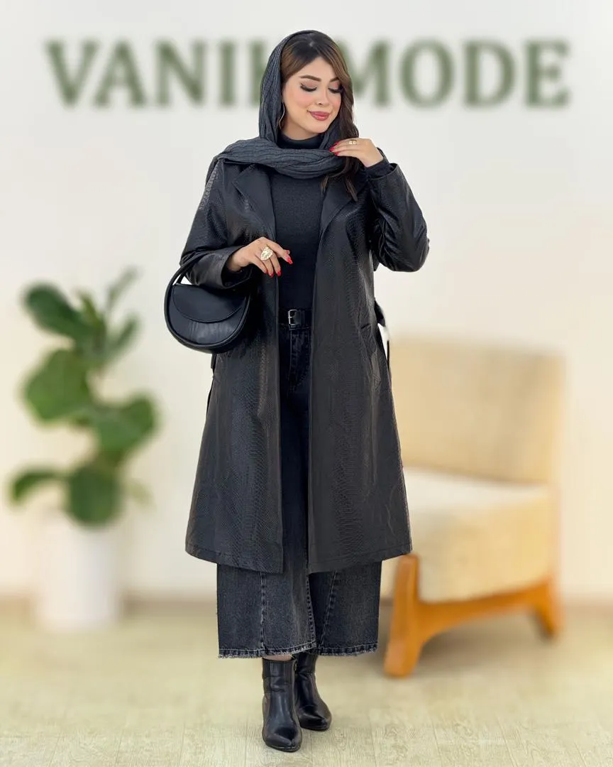 مانتو جلو باز چرم بلند یقه انگلیسی h459