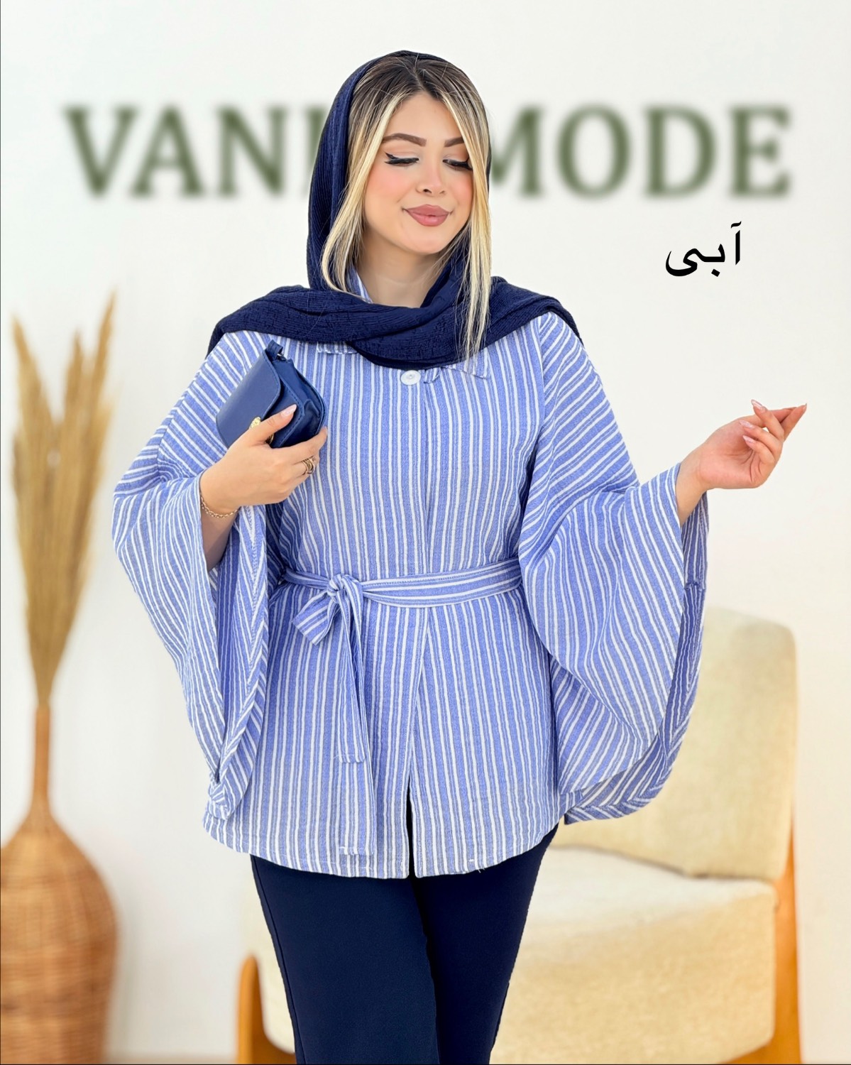 مانتو پانچ راه راه لینن کد i320
