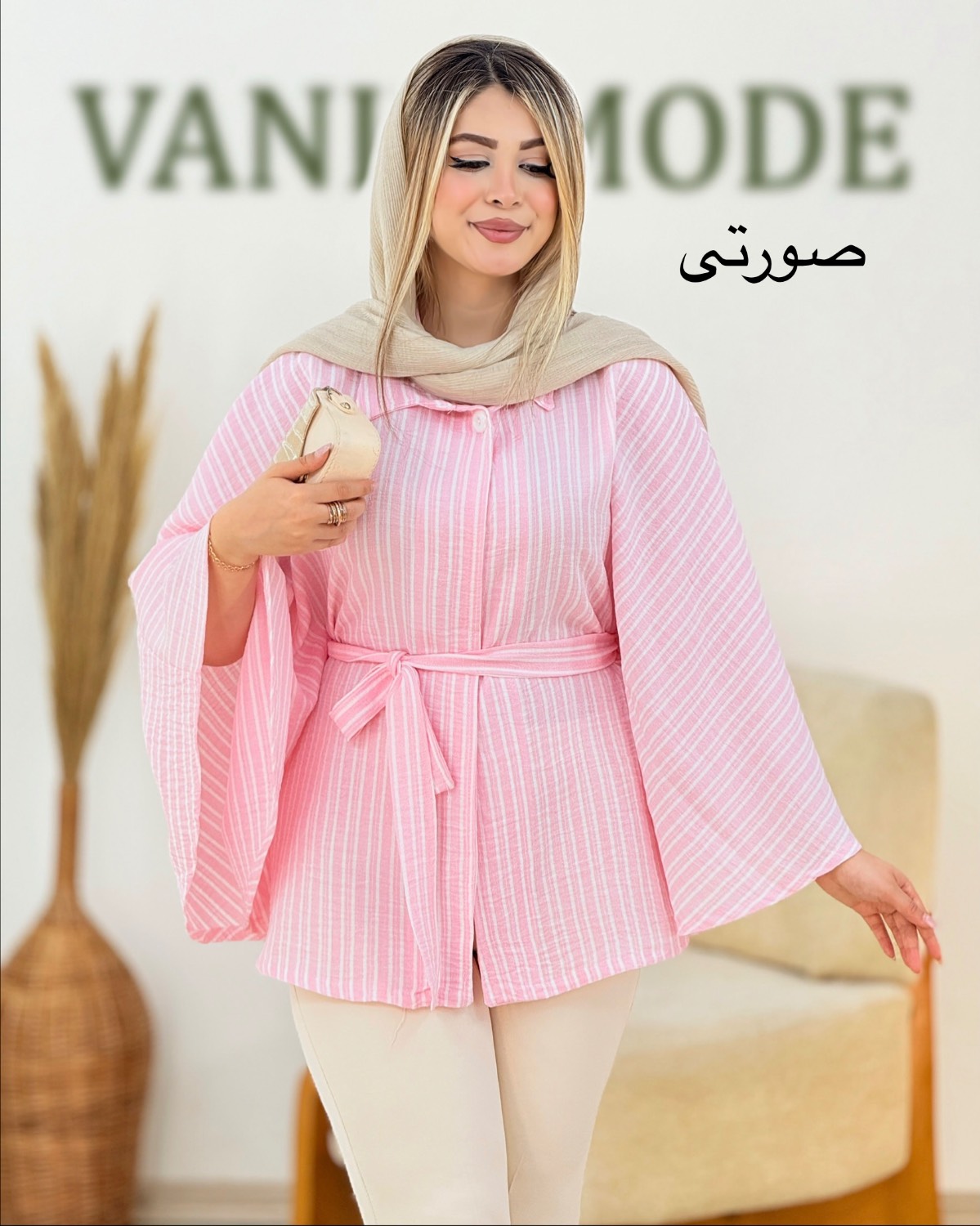 مانتو پانچ راه راه لینن کد i320