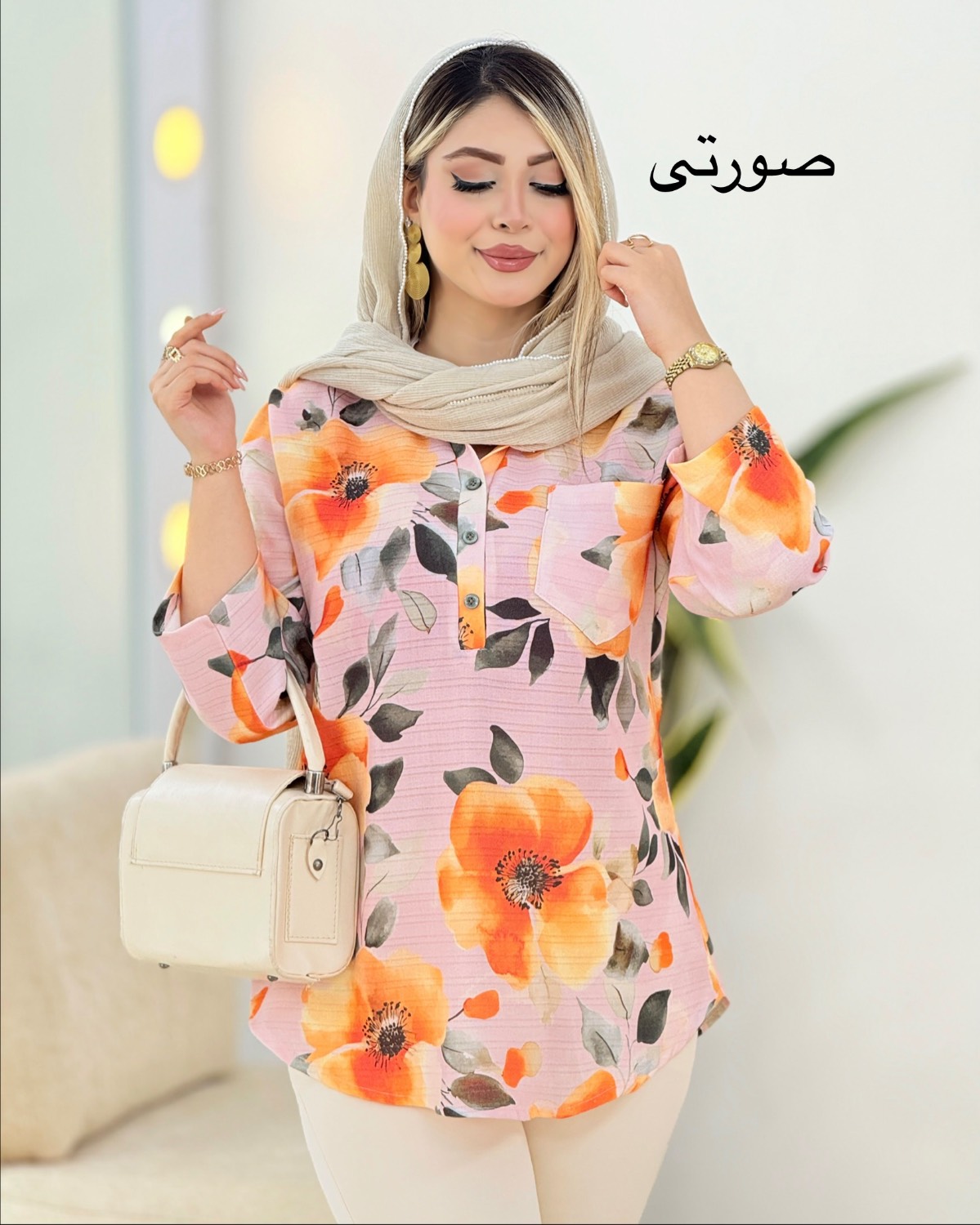 تونیک لینن گلدار تک جیب کد i349