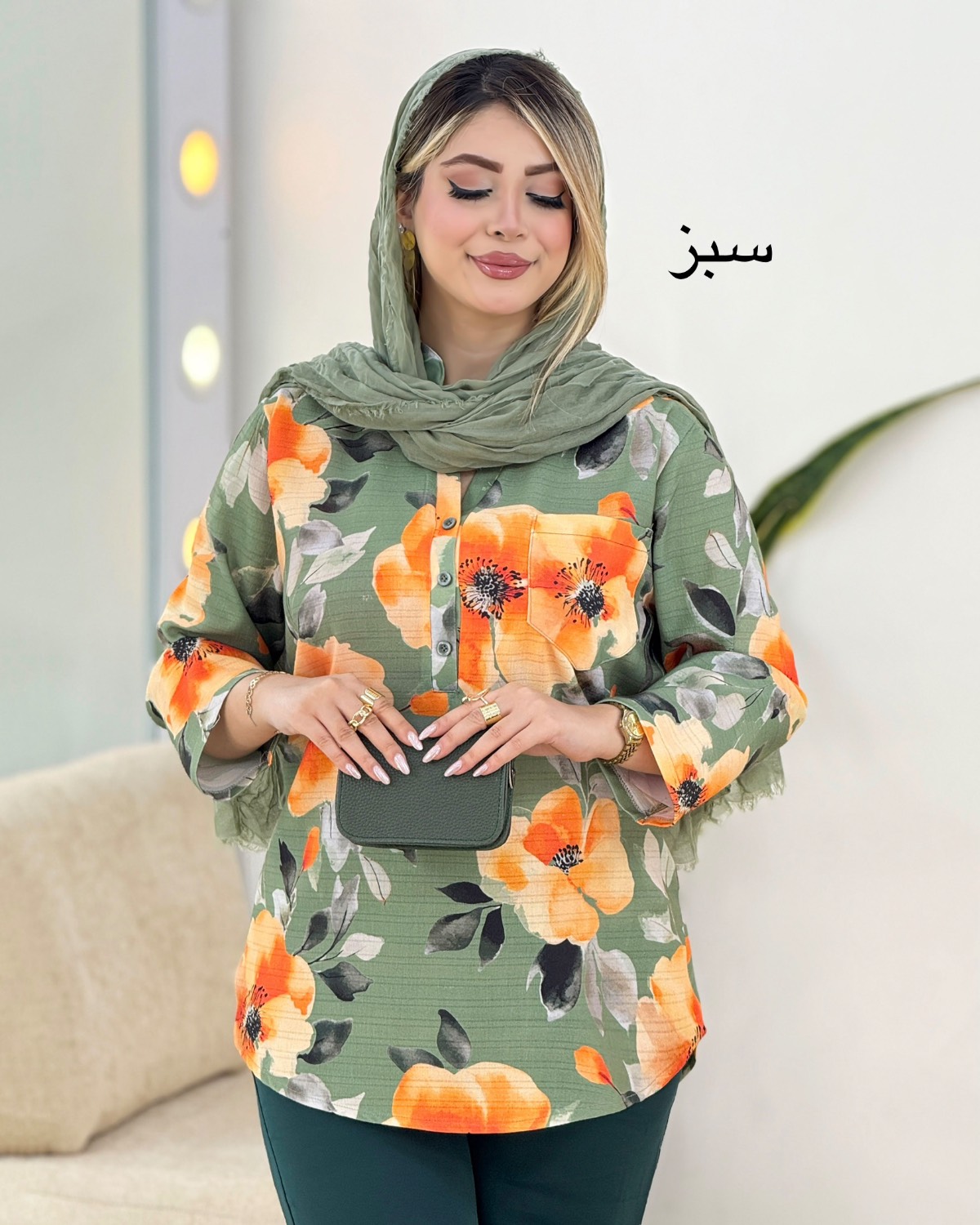تونیک لینن گلدار تک جیب کد i349