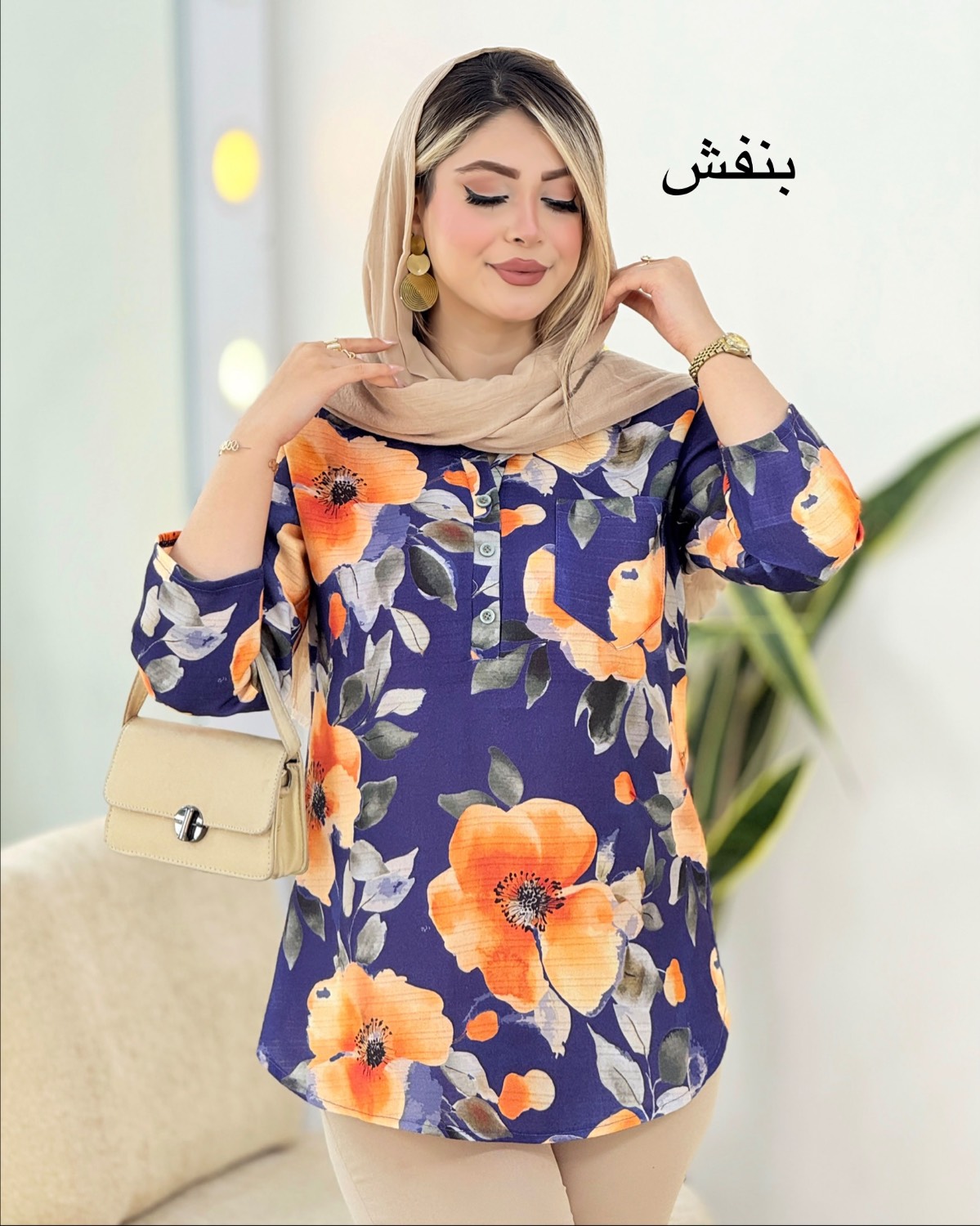 تونیک لینن گلدار تک جیب کد i349