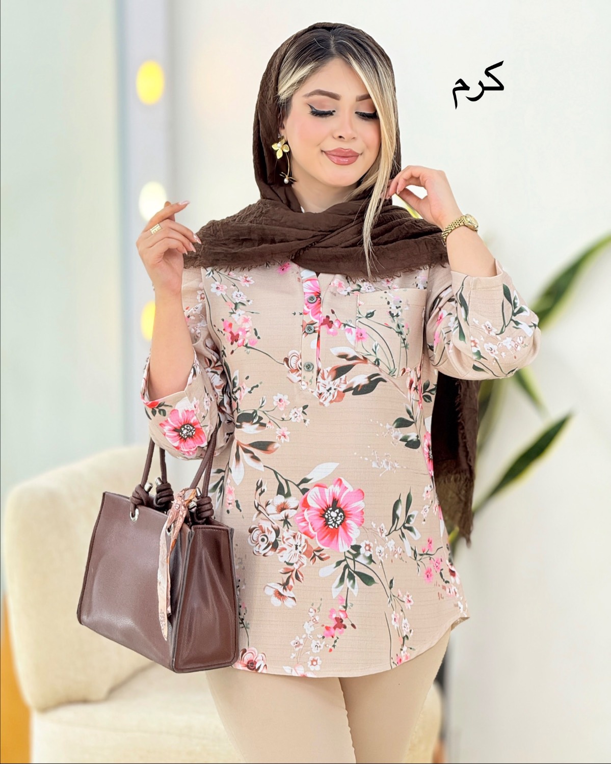 تونیک لینن گلدار تک جیب کد i349