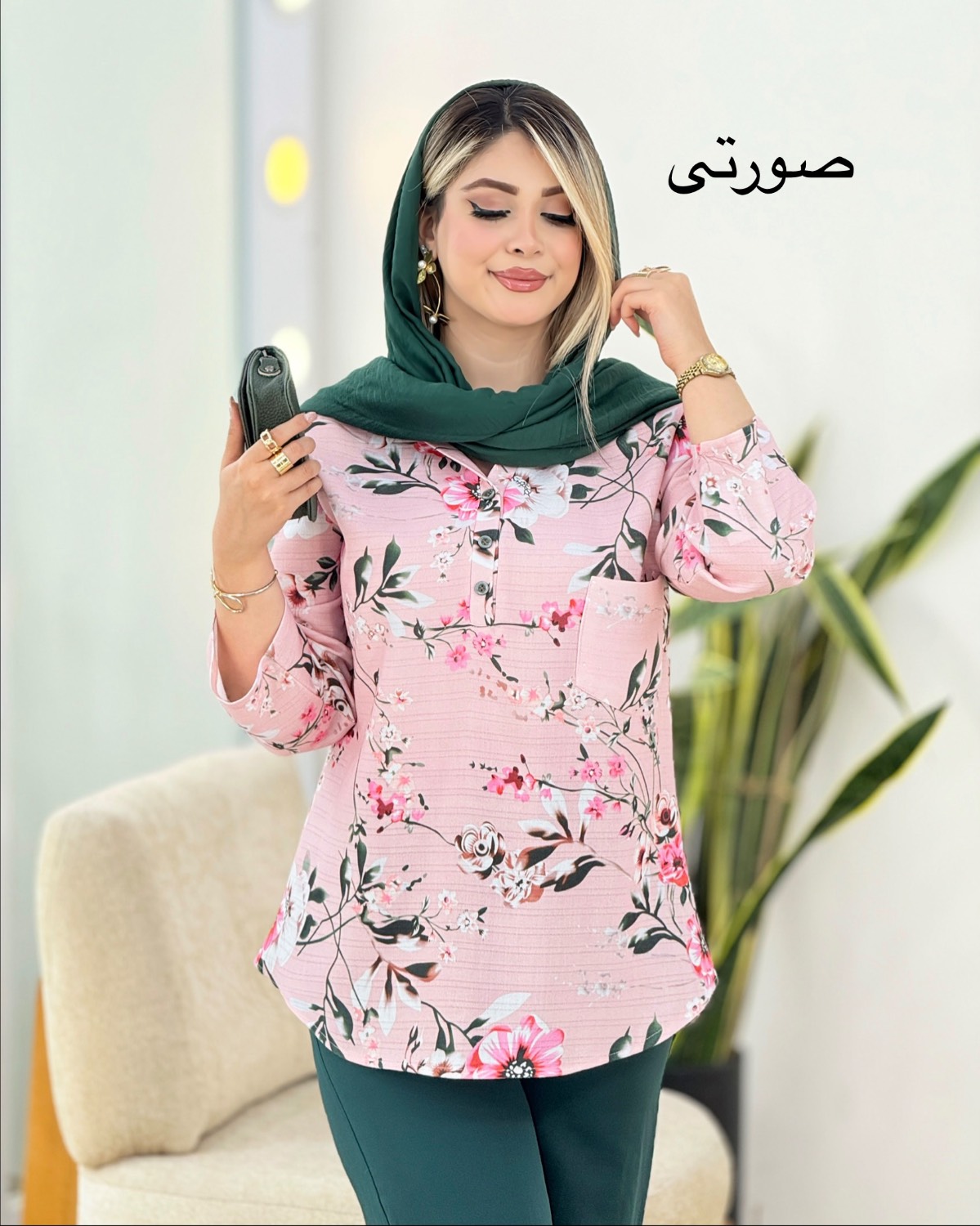 تونیک لینن گلدار تک جیب کد i349