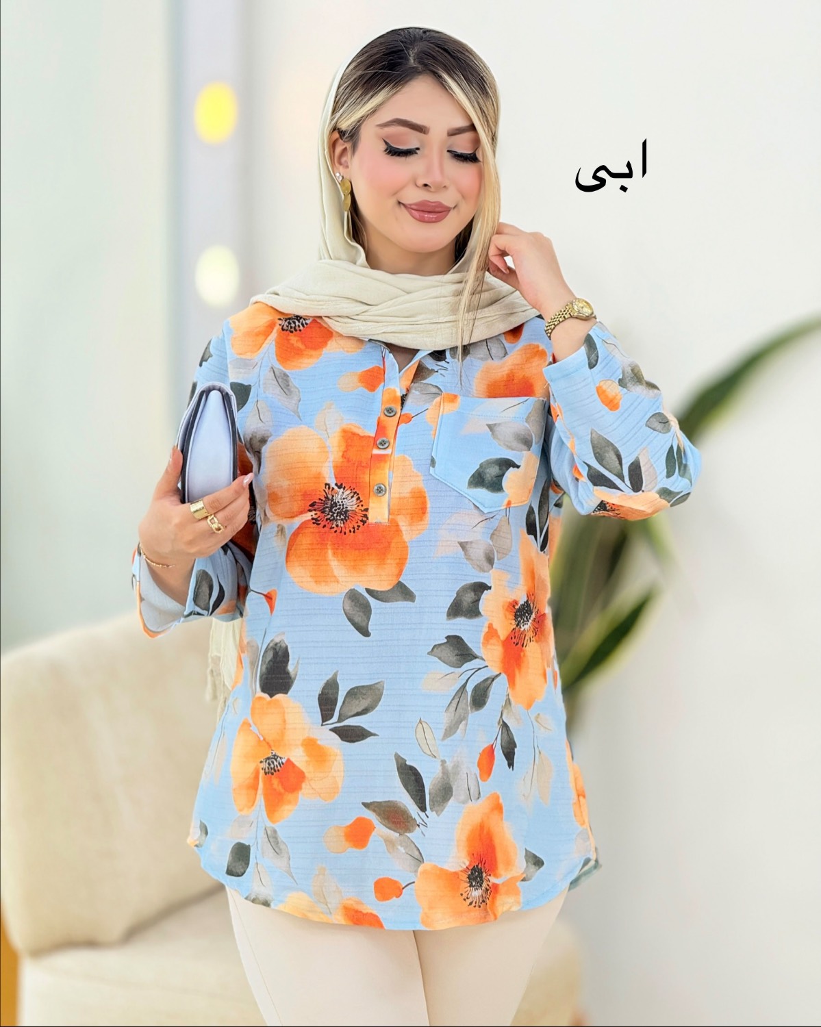 تونیک لینن گلدار تک جیب کد i349