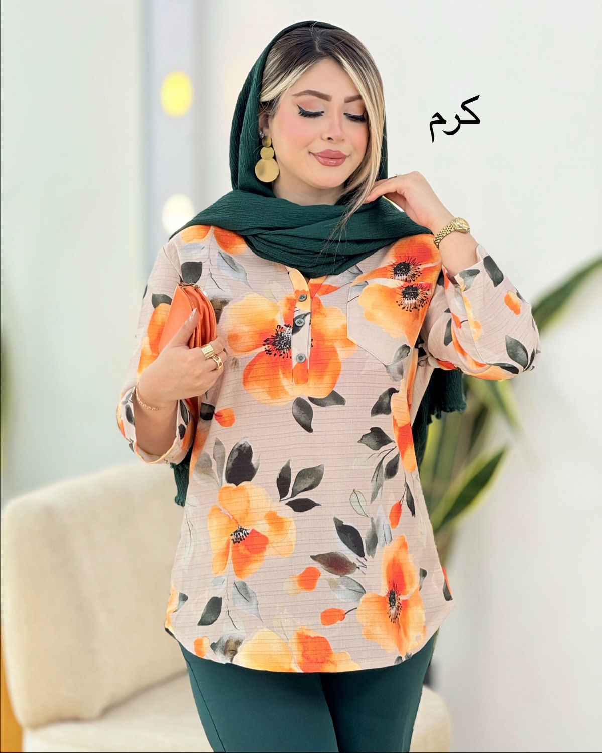 تونیک لینن گلدار تک جیب کد i349