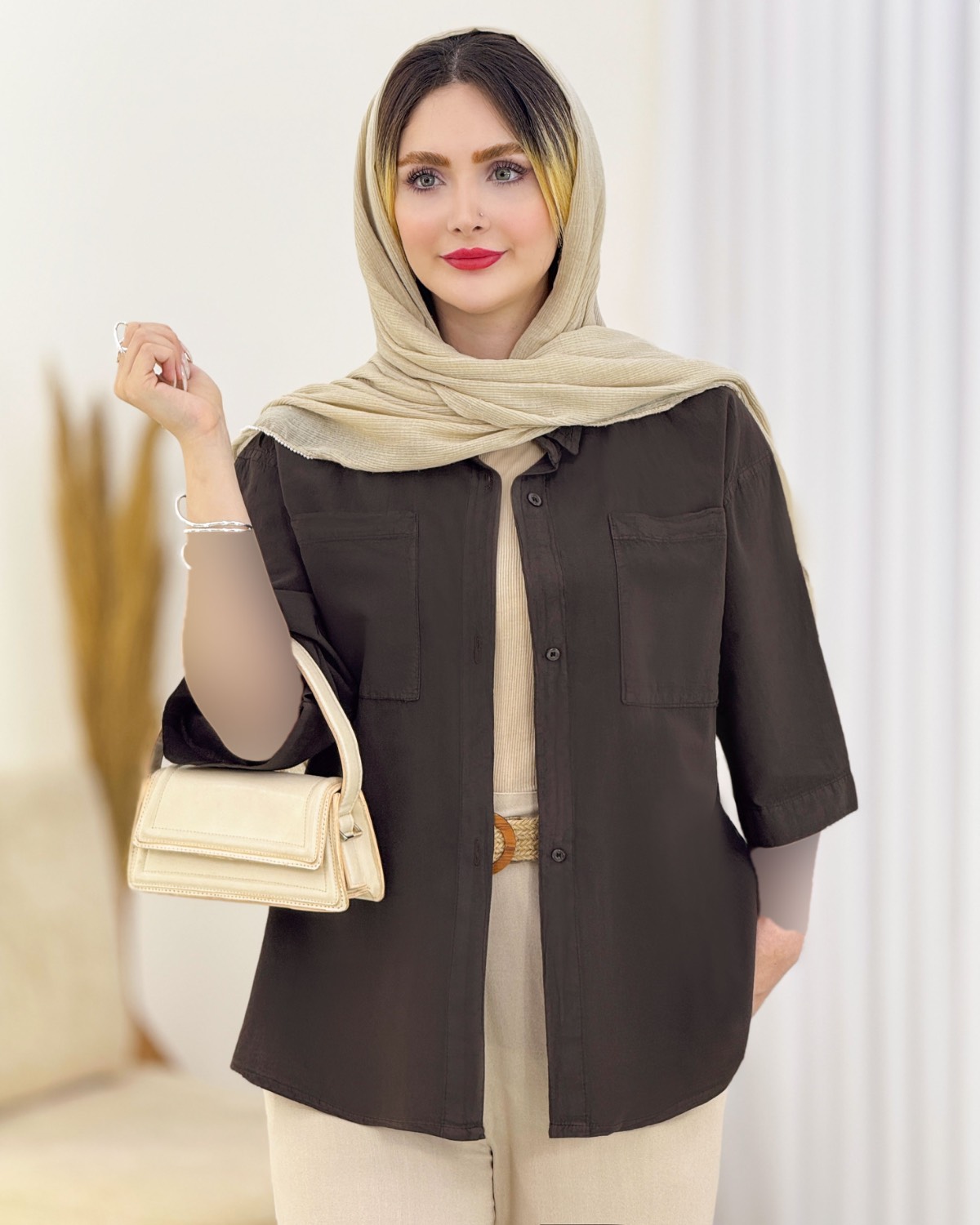 شومیز لینن یقه مردانه جیب دار کد i867