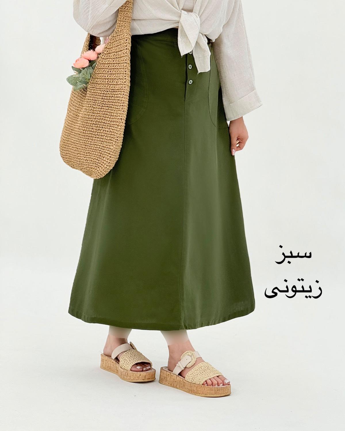 دامن لینن جلو دکمه جیب دار کد i791