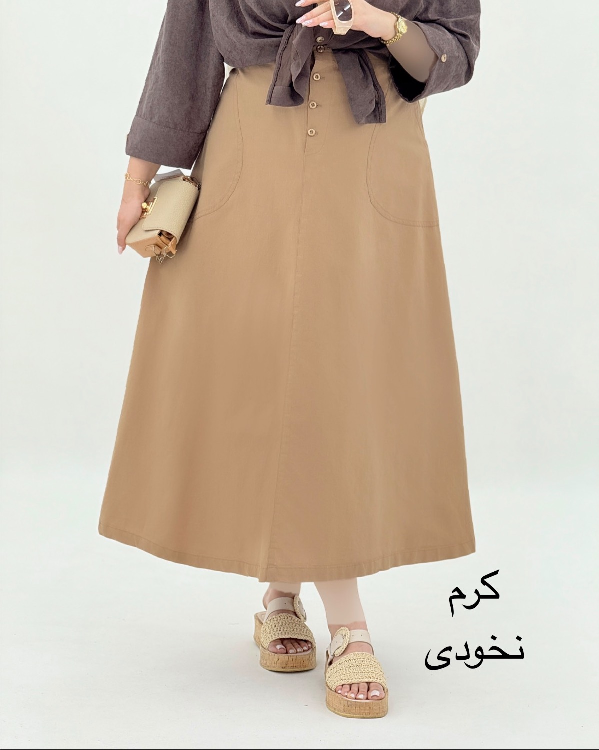 دامن لینن جلو دکمه جیب دار کد i791