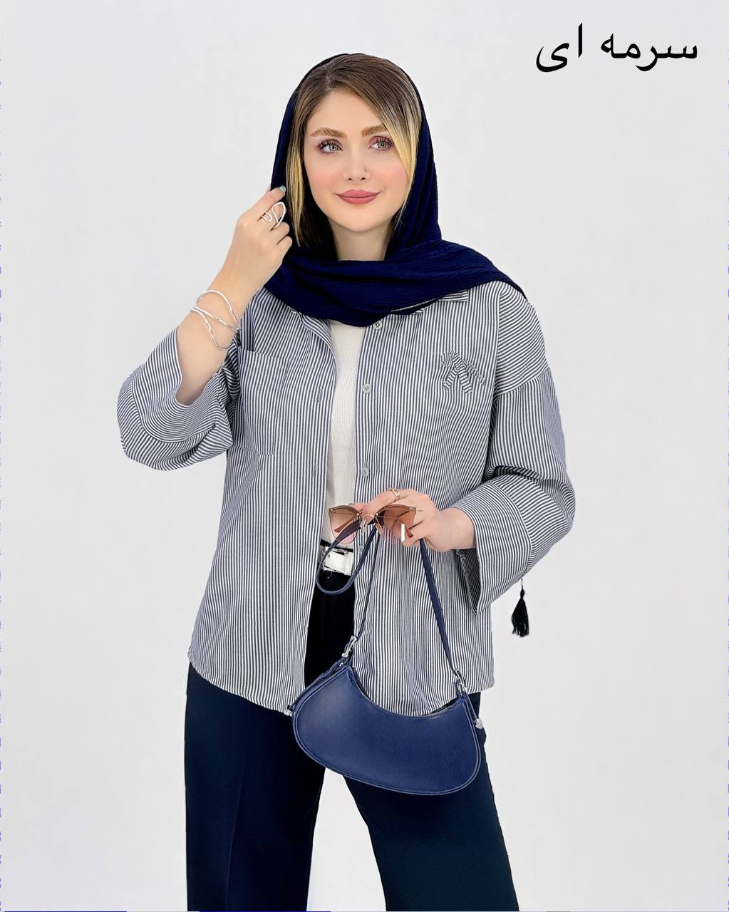شومیز راه راه پاپیون‌دار پوپلین کد j045