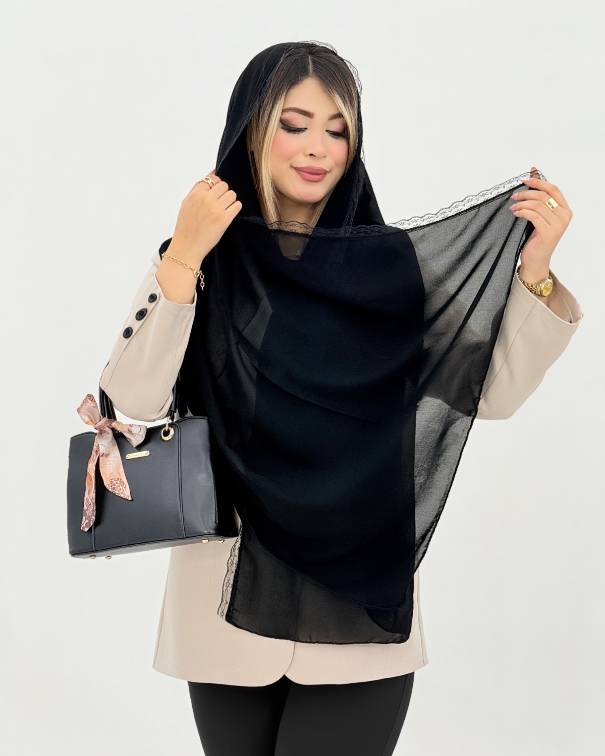شال حریر دانتل دار کد i852