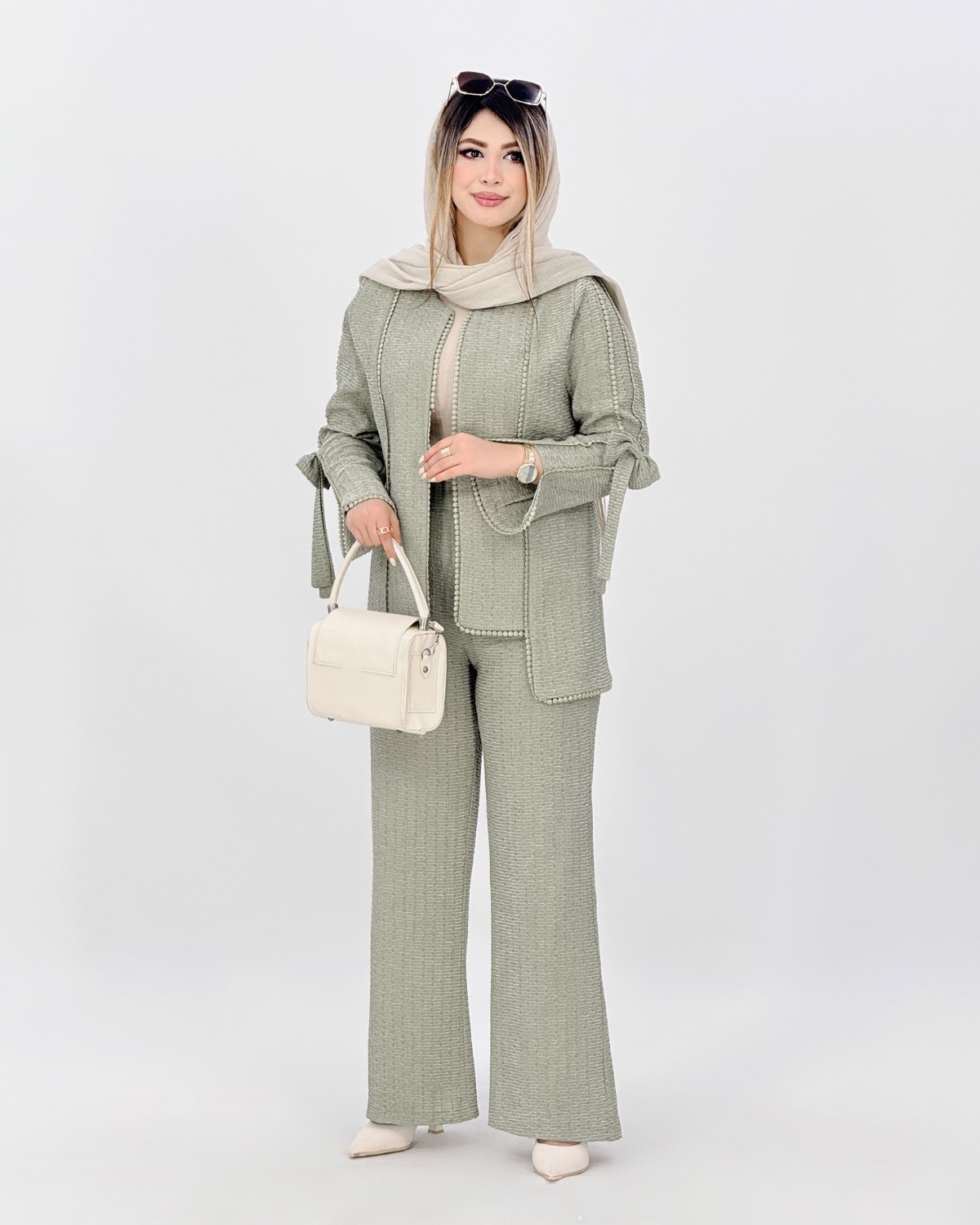 ست مانتو و شلوار شانتون ژاکارد زنبوری کد j002
