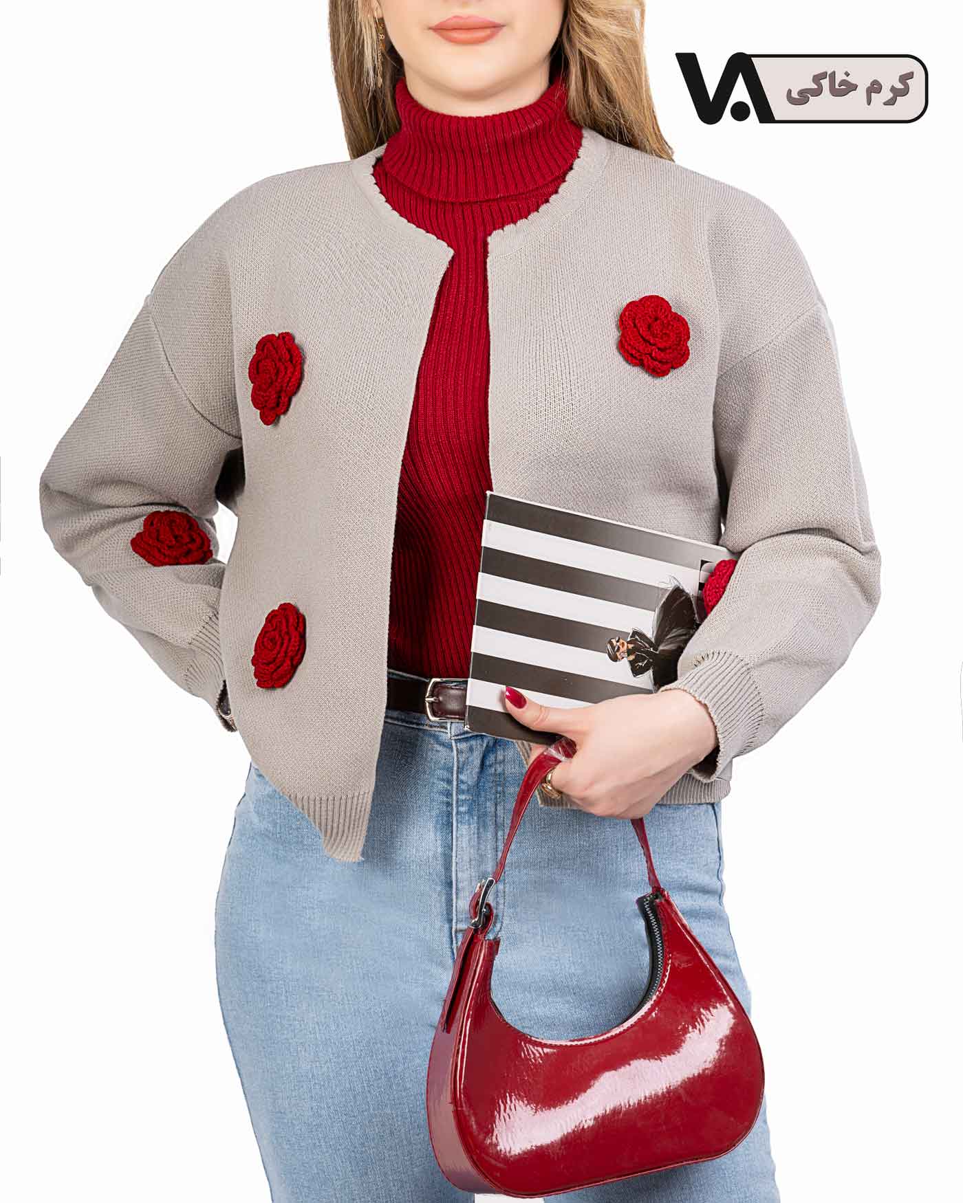 ژاکت بافت جلو باز گل رز کد j318