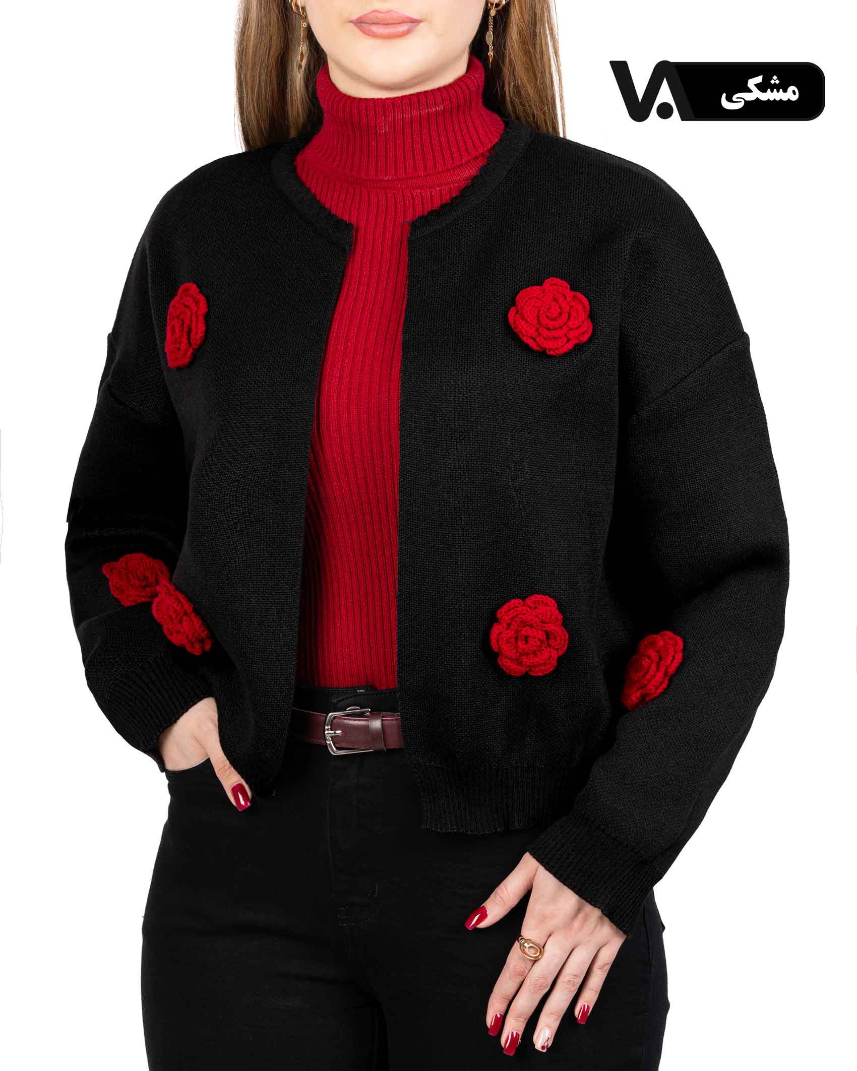 ژاکت بافت جلو باز گل رز کد j318