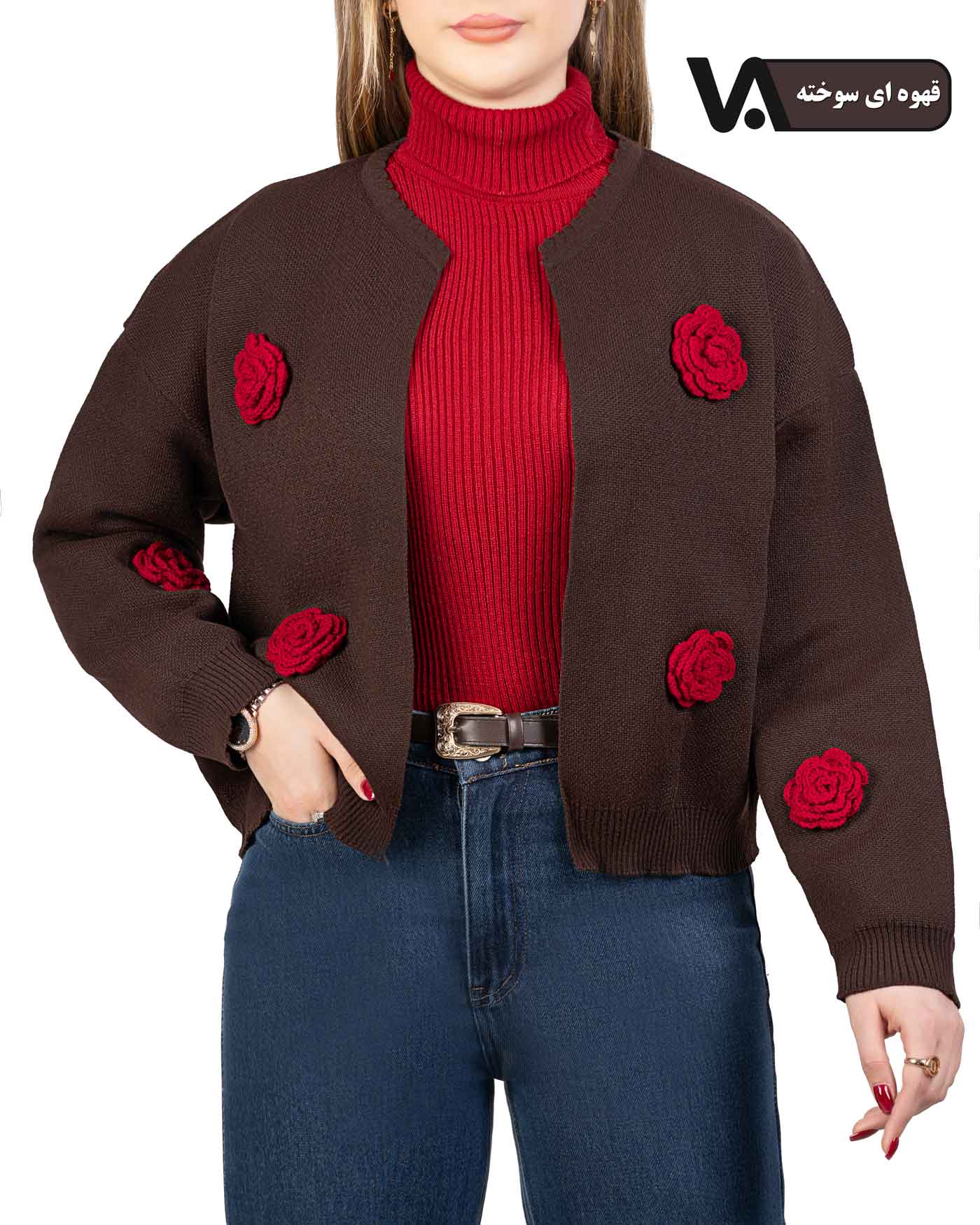ژاکت بافت جلو باز گل رز کد j318