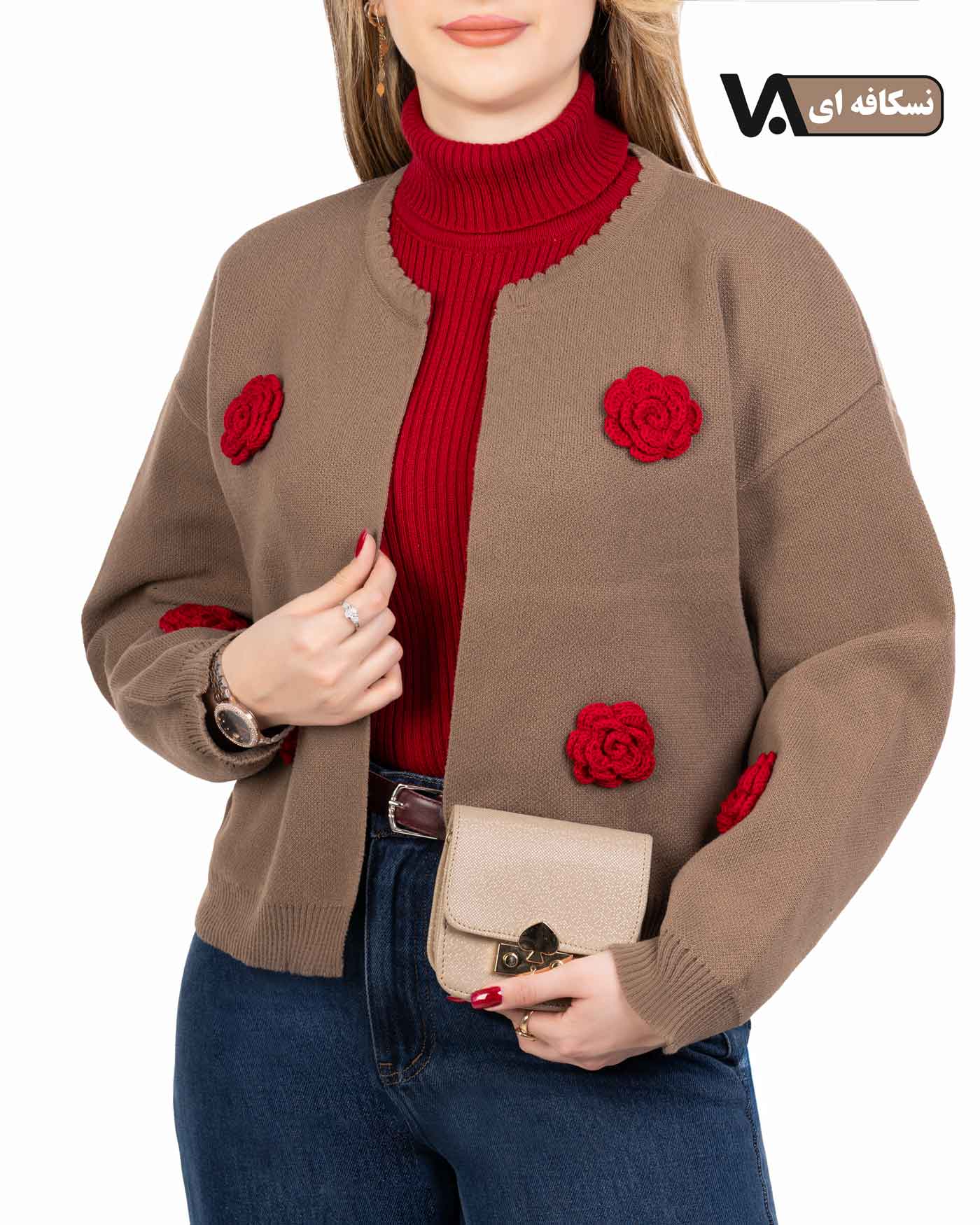 ژاکت بافت جلو باز گل رز کد j318