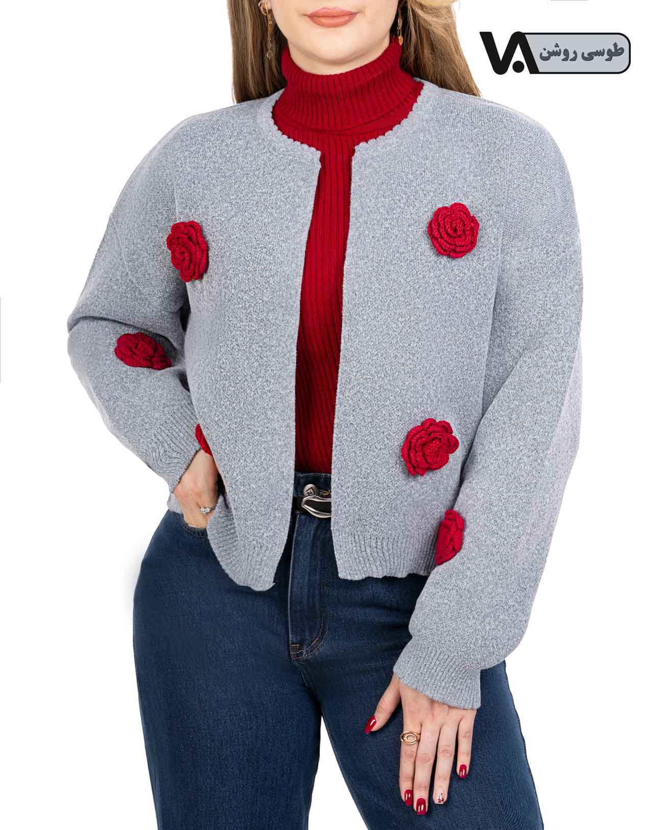 ژاکت بافت جلو باز گل رز کد j318