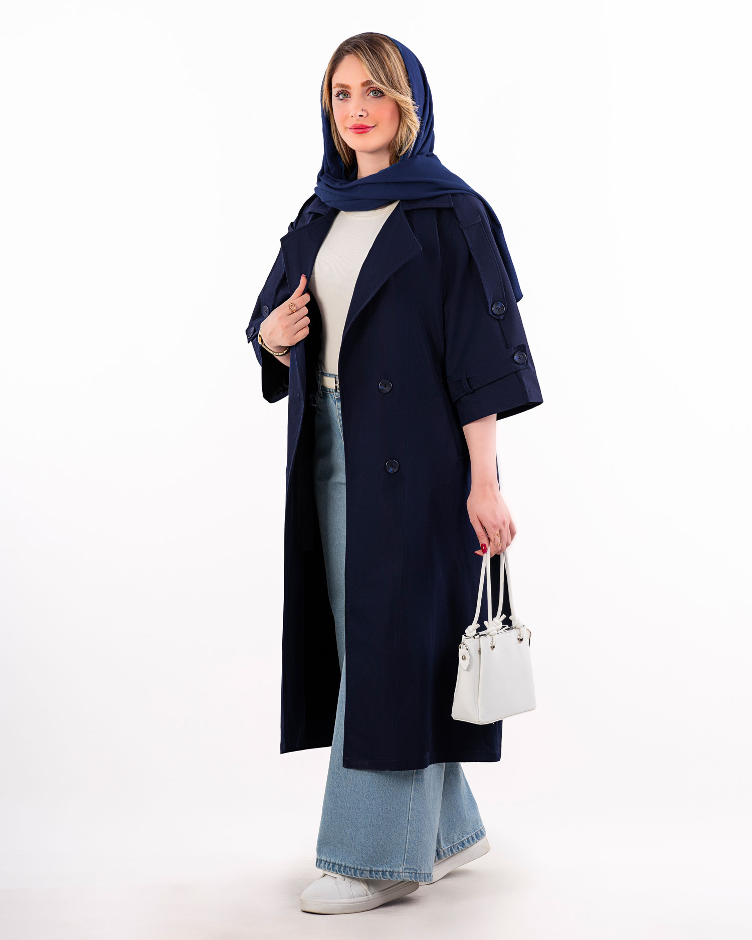 بارانی بلند آستین کیمونو کمربنددار کد j387