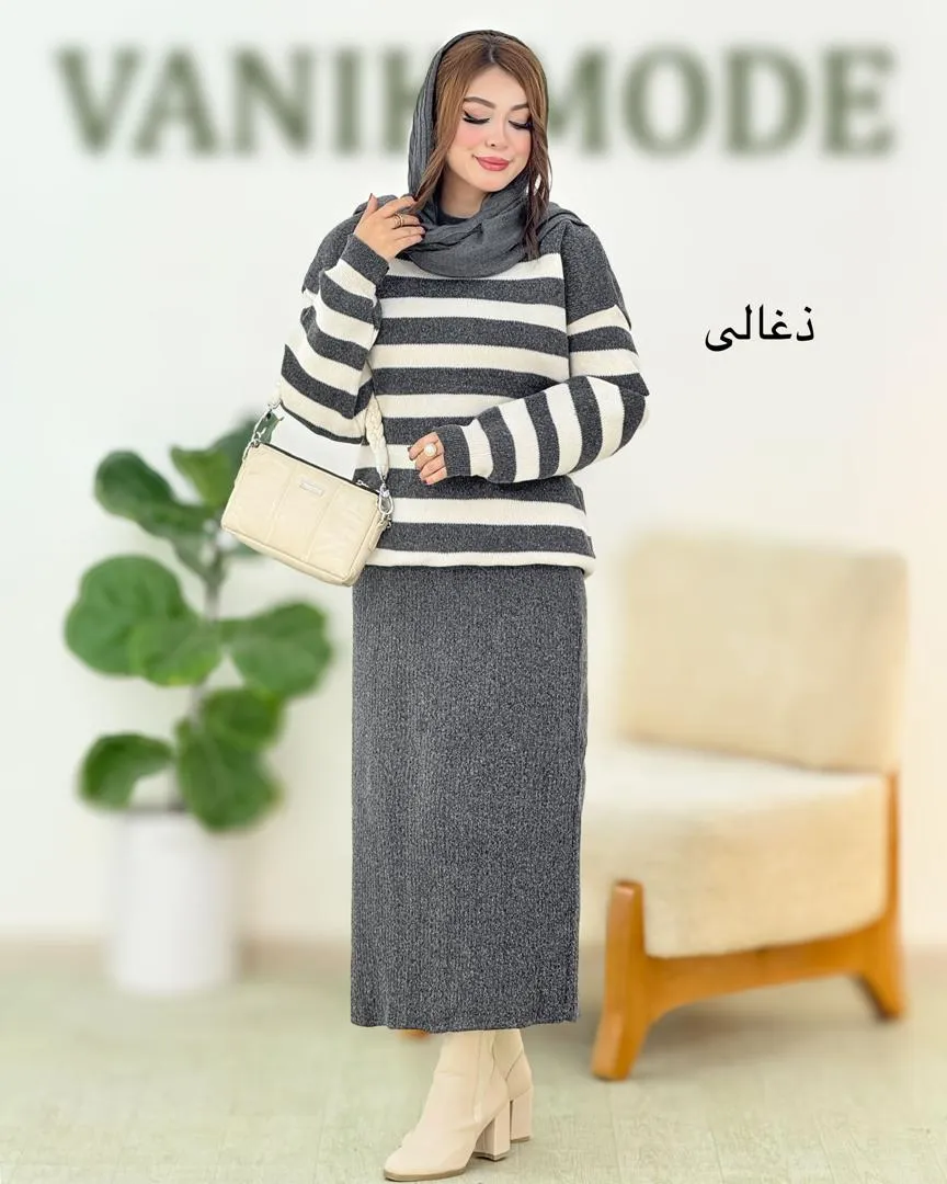 ست بلوز راه راه و دامن چاکدار کد h662