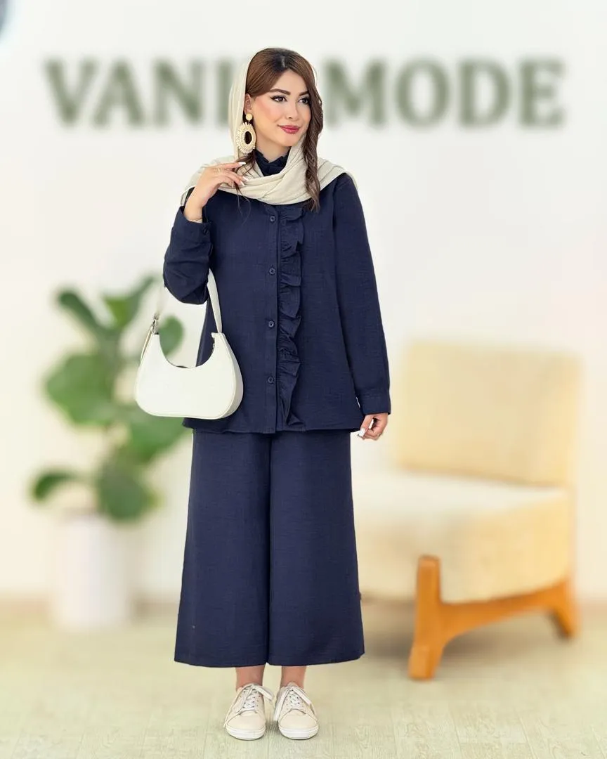 ست شومیز عروسکی و شلوار واید پیلی دار کد h218