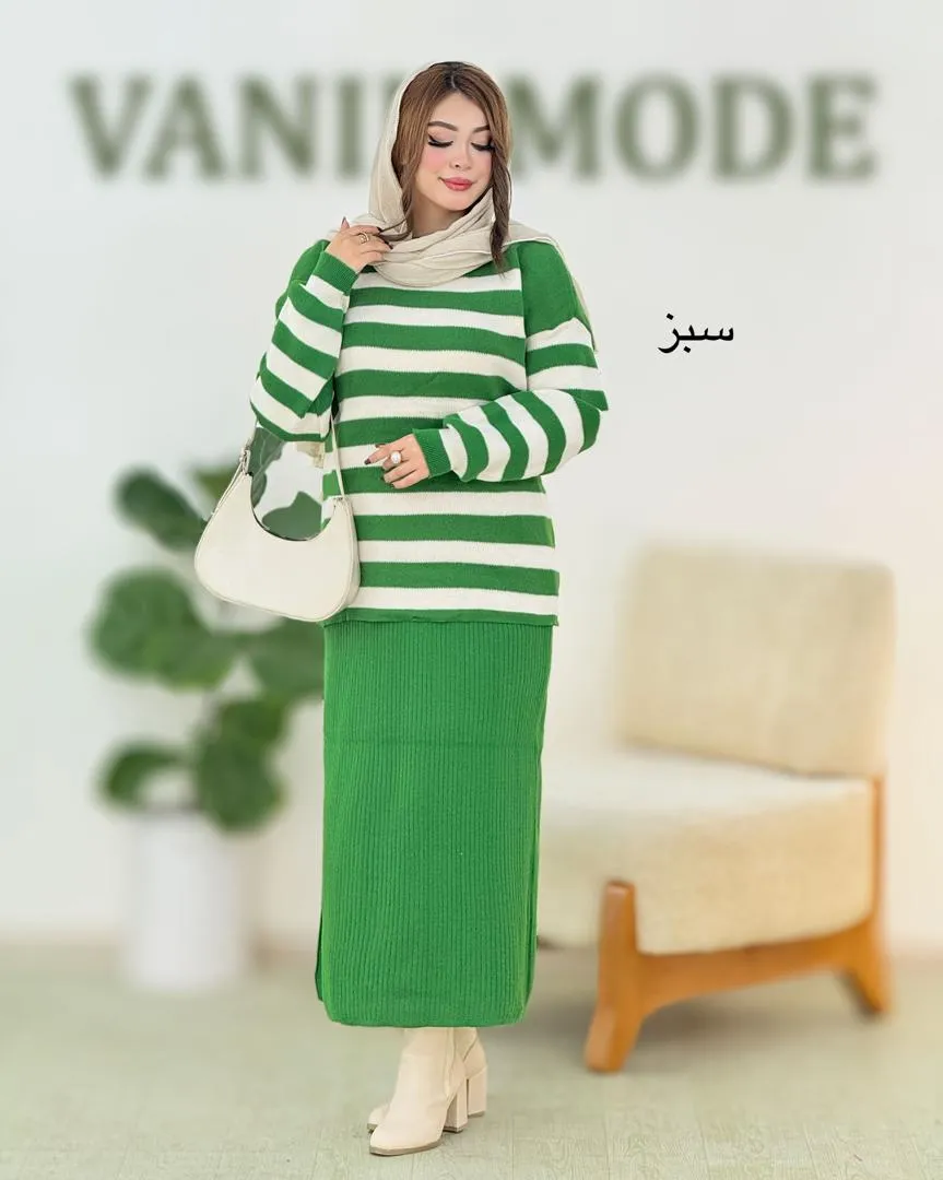 ست بلوز راه راه و دامن چاکدار کد h662